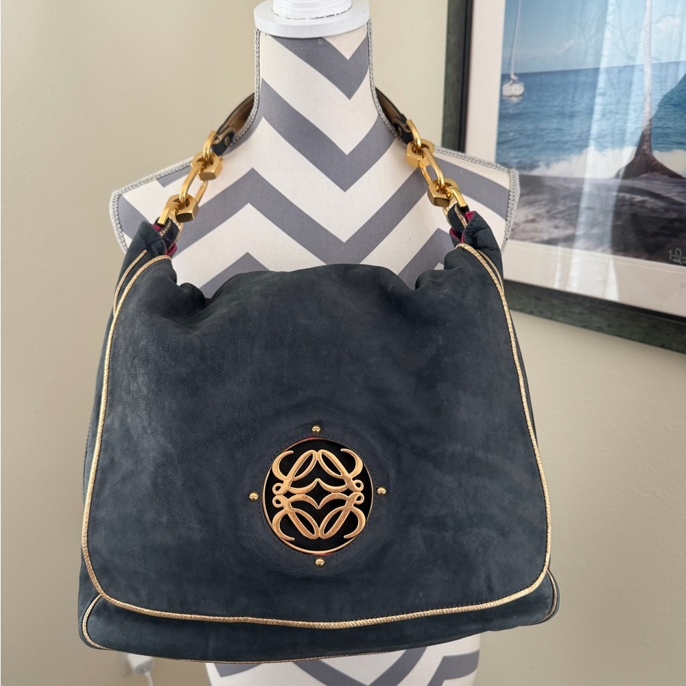 Loewe Grey Suede Shoulder Bag with Gold Hardware